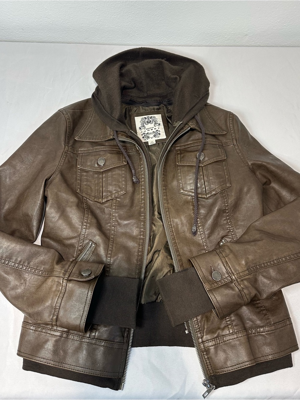 Made By Johnny Brown Faux Leather Moto Bomber Jacket M